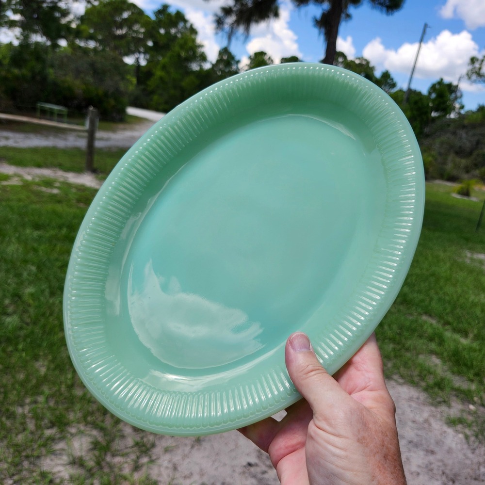 Vintage Fire King Jadeite Oval Ribbed Serving Platter Jane Ray Pattern 12x9 MCM